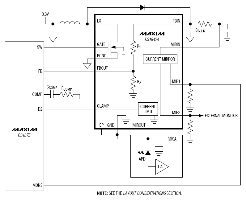 DS1842A应用电路,提供APD偏置输出和快速电流监测