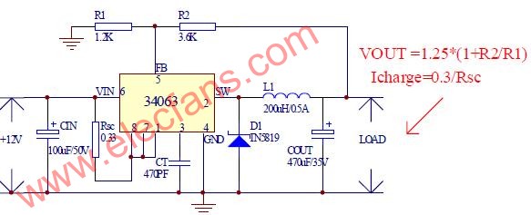 单片34063实现的低端车充方案电路原理图