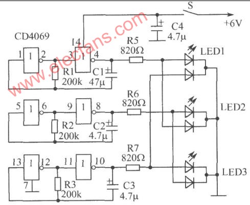 六反相器CD4069数字集成电路组成的彩灯电路