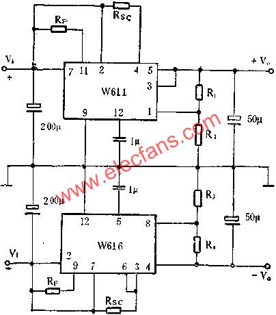 W611、w616组成正、负稳压电路图  www.elecfans.com