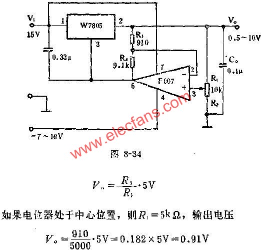 0.5~10V可调电压应用线路图  www.elecfans.com