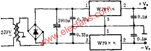 与W7800组成正、负电源应用线路图  www.elecfans.com