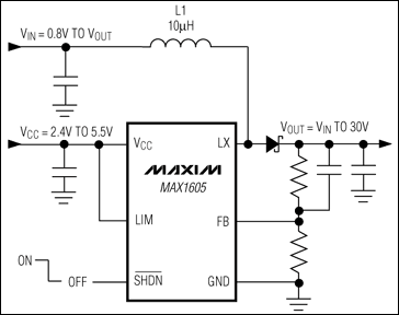 MAX1605内置30V开关的LCD偏置电源的应用电路 www.elecfans.com