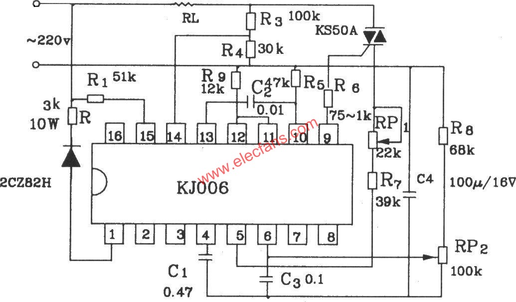 可控硅移相触发器KJ006应用电路  www.elecfans.com