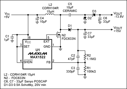 Figure 1. This single-inductor, 200mA power supply derives +15V/-14V from +5V. www.elecfans.com