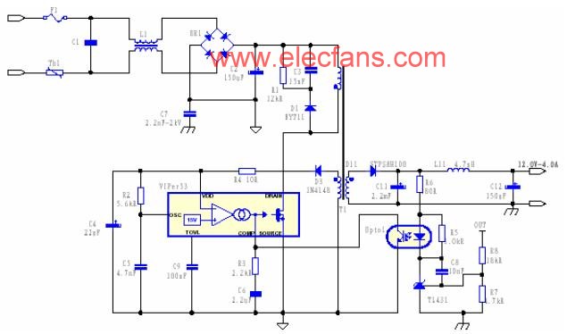 VIPer53设计的12V/3A 的副边反馈的开关电源电路