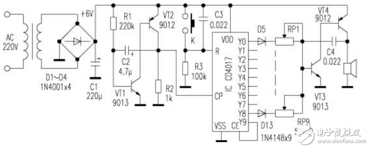 cd4017的简易门铃电路及扩展（继电器驱动电路）