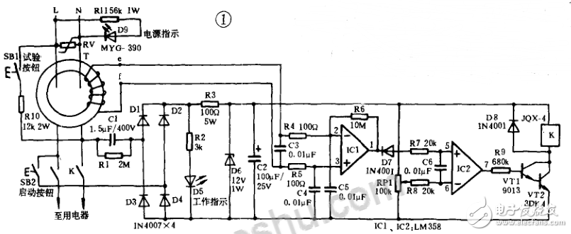 LM358的应用电路之漏电保护器电路