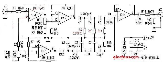 TL074构成的倒相式音调控制电路图