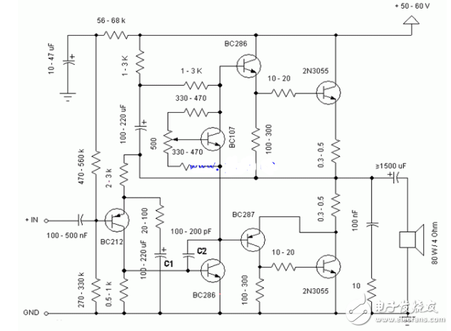 2n3055简易功放电路图大全（音频功率放大器/扬声器/晶体管）