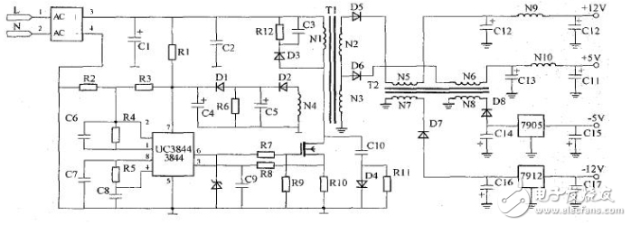 uc3844开关电源电路图汇总（反激式变换电路/高频变压器/电流反馈电路）