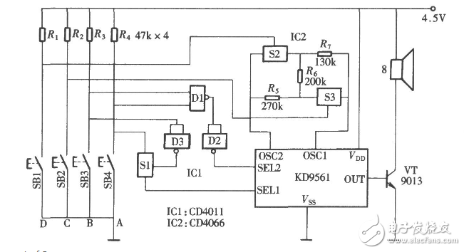 cd4066典型应用电路图（双向模拟开关/电子开关/音响发声电路图详解）