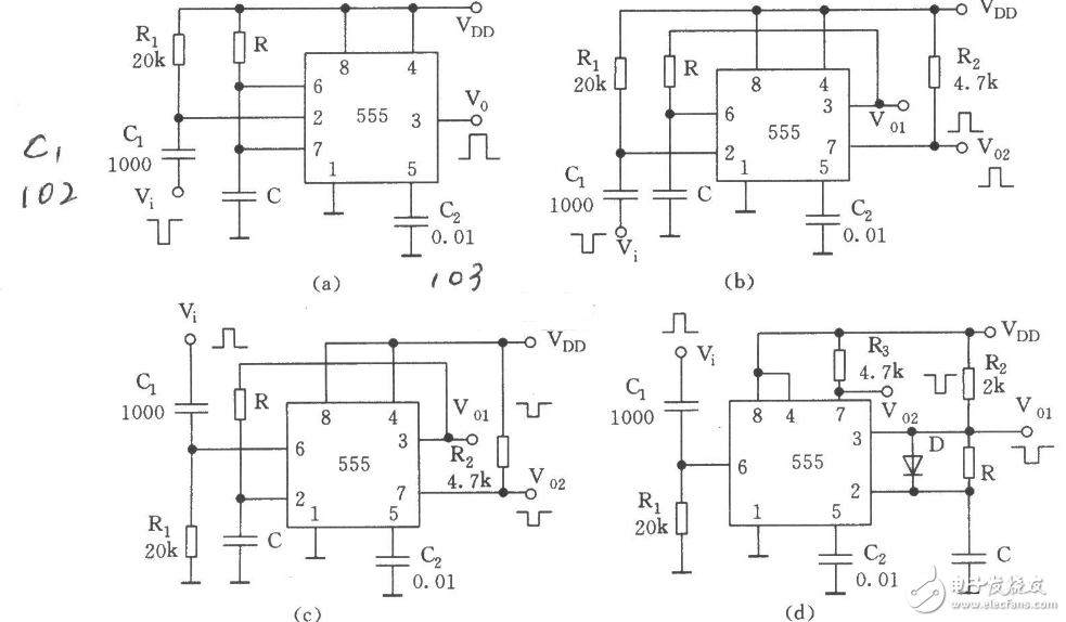 单稳态触发器电路图大全（555/LM324/晶体管/时基电路）